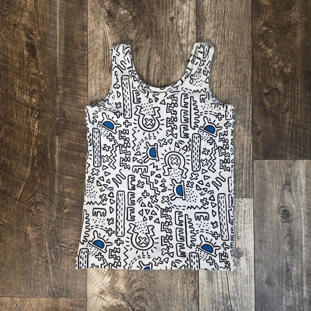 Vintage 90s Abstract Scribble Tank Top Kids Medium White Graphic Stretch